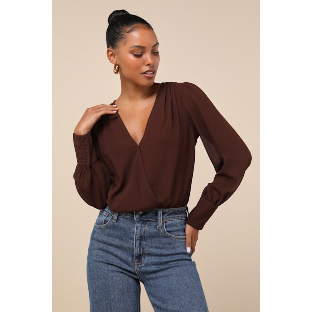 Lulus Sophisticated Aspect Brown Chiffon Surplice Long Sleeve Bodysuit - Size L